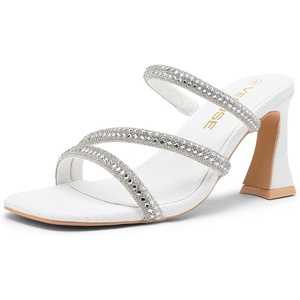 image:imageVepose Womens Rhinestone Strappy Heeled Sandals 35 Inch Chunky Block Flared Heels Slip On Square Open Toe  Comfortable Prom Wedding Guest Dressy Shoes 6125White