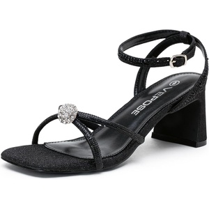 image:imageVepose Womens Rhinestone Strappy Heeled Sandals Square Open Toe  Approx 3 Inch Slim Block Heels Dressy Wedding Guest Prom Bridal Evening Shoes 6116Black Rhinestone