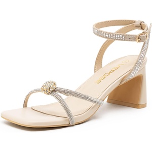 image:imageVepose Womens Rhinestone Strappy Heeled Sandals Square Open Toe  Approx 3 Inch Slim Block Heels Dressy Wedding Guest Prom Bridal Evening Shoes 6116Nude