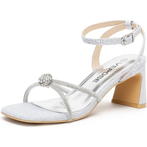 image:imageVepose Womens Rhinestone Strappy Heeled Sandals Square Open Toe  Approx 3 Inch Slim Block Heels Dressy Wedding Guest Prom Bridal Evening Shoes 6116Silver Rhinestone