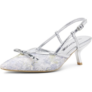 image:imageVepose Womens Slingback Kitten Heels Approx 3 Inch Pointed Toe Elegant Floral Mesh Bow Pumps  Comfortable Dress Shoes for Wedding Office Guest Prom Evening Party 6126Silver
