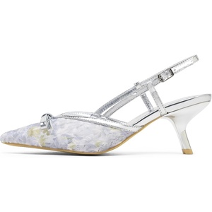 image:imageVepose Womens Slingback Kitten Heels Approx 3 Inch Pointed Toe Elegant Floral Mesh Bow Pumps  Comfortable Dress Shoes for Wedding Office Guest Prom Evening Party 6126Silver Pu