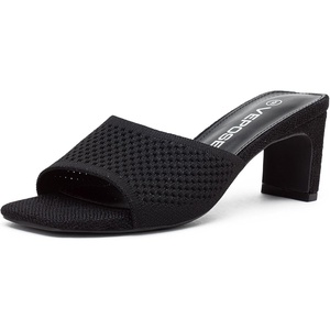 image:imageVepose Womens Slip On Heeled Sandals Approx 3 Inch Slim Block Heel Square Open Toe Knit Mesh Woven Mules  Comfortable Dressy Shoes for Wedding Guest 6108Black