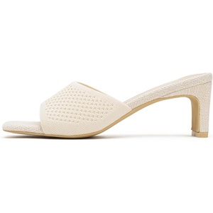 image:imageVepose Womens Slip On Heeled Sandals Approx 3 Inch Slim Block Heel Square Open Toe Knit Mesh Woven Mules  Comfortable Dressy Shoes for Wedding Guest 6108Beige