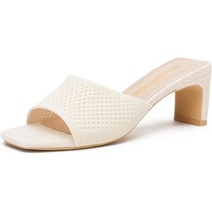 image:imageVepose Womens Slip On Heeled Sandals Approx 3 Inch Slim Block Heel Square Open Toe Knit Mesh Woven Mules  Comfortable Dressy Shoes for Wedding Guest 6108Nude