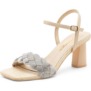 image:imageVepose Womens Sparkly Band Heeled Sandals Rhinestone Square Open Toe  Approx 3 Inch Chunky Block Heels for Wedding Guest Prom Graduation Evening Daily Wear 6123 Heels for WomenNude