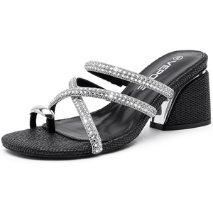 image:imageVepose Womens Sparkly Chunky Block Heels  Comfortable Square Toe Slip On Rhinestone Strappy 3 Inch Shoes for Wedding Prom Formal Dressy Casual Daily Wear 6122Black