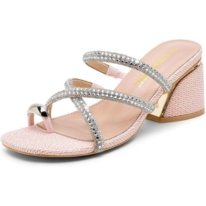 image:imageVepose Womens Sparkly Chunky Block Heels  Comfortable Square Toe Slip On Rhinestone Strappy 3 Inch Shoes for Wedding Prom Formal Dressy Casual Daily Wear 6122Pink