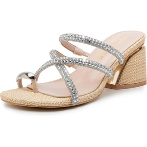 image:imageVepose Womens Sparkly Chunky Block Heels  Comfortable Square Toe Slip On Rhinestone Strappy 3 Inch Shoes for Wedding Prom Formal Dressy Casual Daily Wear 6122NudeNatural