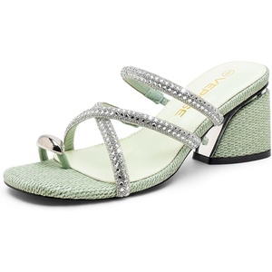 image:imageVepose Womens Sparkly Chunky Block Heels  Comfortable Square Toe Slip On Rhinestone Strappy 3 Inch Shoes for Wedding Prom Formal Dressy Casual Daily Wear 6122Green