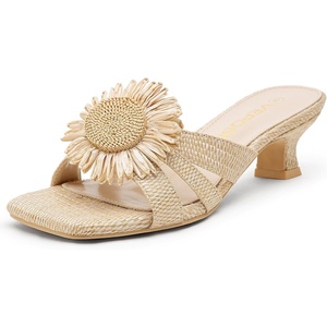 image:imageVepose Womens Woven Raffia Boho Floral Kitten Heeled Sandals 2 Inch Flared Low Heel Slip On Mules Square Open Toe Dressy Shoes for Wedding Guest Casual Travel 6101Nude