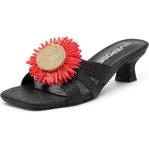 image:imageVepose Womens Woven Raffia Boho Floral Kitten Heeled Sandals 2 Inch Flared Low Heel Slip On Mules Square Open Toe Dressy Shoes for Wedding Guest Casual Travel 6101Black