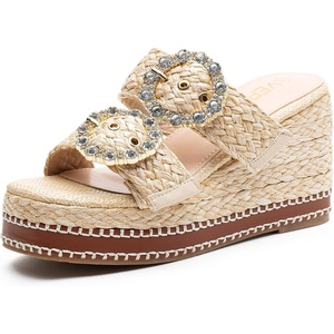 image:imageVepose Womens Woven Raffia Platform Wedge Sandals  Approx 4 Inch Espadrille Heels Square Open Toe Dressy Rhinestone Double Buckle Slipon Shoes for Casual Vacation Wedding 8802Nude