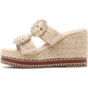 image:imageVepose Womens Woven Raffia Platform Wedge Sandals  Approx 4 Inch Espadrille Heels Square Open Toe Dressy Rhinestone Double Buckle Slipon Shoes for Casual Vacation Wedding 8802Natural Raffia
