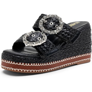 image:imageVepose Womens Woven Raffia Platform Wedge Sandals  Approx 4 Inch Espadrille Heels Square Open Toe Dressy Rhinestone Double Buckle Slipon Shoes for Casual Vacation Wedding 8802Black