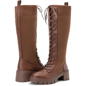 image:imageVepose Womens 953 Knee High Combat Boots Chunky Platform Heel Lace Up Gothic Punk Work Boots for Dresses and JeansCoffee