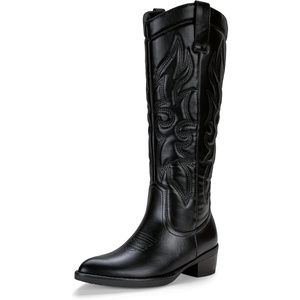 image:imageVepose Womens Embroidered Knee High Western Low Heel Cowboy Boots  Round toe inside zipper pull tabs memory foam cushioning breathable lining nonslip rubber outsole for daily looksBlack