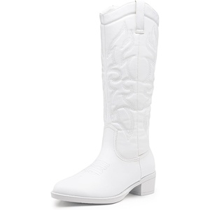 image:imageVepose Womens Embroidered Knee High Western Low Heel Cowboy Boots  Round toe inside zipper pull tabs memory foam cushioning breathable lining nonslip rubber outsole for daily looksWhite