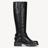 image:imageWomens Knee High Riding Boots Square Toe Buckle Harness Style  Low block chunky heel fashion boots side zipper hidden stretch panel styled for fall layers city days and goingout looksRivet Black