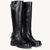 image:imageWomens Knee High Riding Boots Square Toe Buckle Harness Style  Low block chunky heel fashion boots side zipper hidden stretch panel styled for fall layers city days and goingout looksRivet Buckle Black