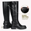 image:imageWomens Knee High Riding Boots Square Toe Buckle Harness Style  Low block chunky heel fashion boots side zipper hidden stretch panel styled for fall layers city days and goingout looksRivet Buckle Black