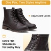 image:imageWomens Lace Up Combat Ankle Boots Cap Toe Low Block Heel  Comfortable booties with easy side zipper entry and memory foam cushioning for denim dresses city days and travelDark Brown