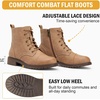 image:imageWomens Lace Up Combat Ankle Boots Cap Toe Low Block Heel  Comfortable booties with easy side zipper entry and memory foam cushioning for denim dresses city days and travelTan