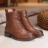 image:imageWomens Lace Up Combat Ankle Boots Cap Toe Low Block Heel  Comfortable booties with easy side zipper entry and memory foam cushioning for denim dresses city days and travelMocha Brown