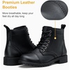 image:imageWomens Lace Up Combat Ankle Boots Cap Toe Low Block Heel  Comfortable booties with easy side zipper entry and memory foam cushioning for denim dresses city days and travelLeather Black