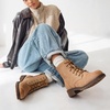 image:imageWomens Lace Up Combat Ankle Boots Cap Toe Low Block Heel  Comfortable booties with easy side zipper entry and memory foam cushioning for denim dresses city days and travelTan
