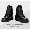 image:imageWomens Lace Up Combat Ankle Boots with Zipper and Lug Sole  Comfortable chunky low heel short booties memory foam cushioning round toe for casual workdays city walks fall outfitsLeather Moto Black