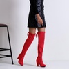 image:imageWomens Suede Thigh High Over the Knee Boots with Block Heel  Above knee heeled silhouette Tall shaft Long boot shape Inside zipper 35 in heel Skirt and jeans styling ConcertsRed