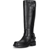 image:imageWomens Knee High Riding Boots Square Toe Buckle Harness Style  Low block chunky heel fashion boots side zipper hidden stretch panel styled for fall layers city days and goingout looksRivet Buckle Black