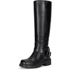 image:imageWomens Knee High Riding Boots Square Toe Buckle Harness Style  Low block chunky heel fashion boots side zipper hidden stretch panel styled for fall layers city days and goingout looksRivet Black