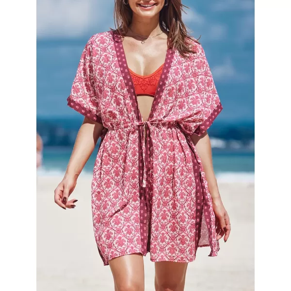 imageCUPSHE Beach Cover Ups for Women 2024 Kimono Bathing Suit Coverups Cardigan Self Tie DressesBoho Pink