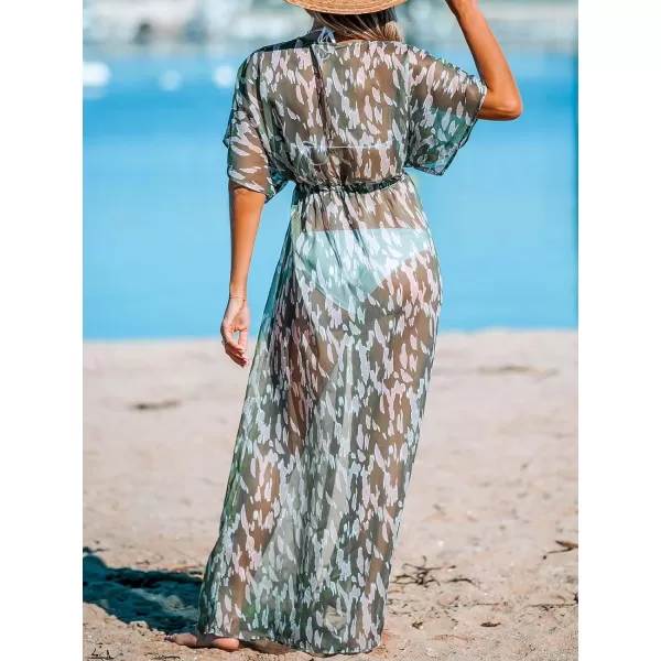imageCUPSHE Beach Cover Ups for Women 2024 Kimono Bathing Suit Coverups Cardigan Self Tie DressesGreen Leopard