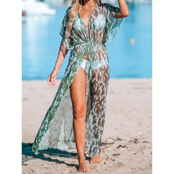 imageCUPSHE Beach Cover Ups for Women 2024 Kimono Bathing Suit Coverups Cardigan Self Tie DressesGreen Leopard