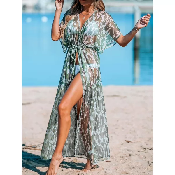 imageCUPSHE Beach Cover Ups for Women 2024 Kimono Bathing Suit Coverups Cardigan Self Tie DressesGreen Leopard