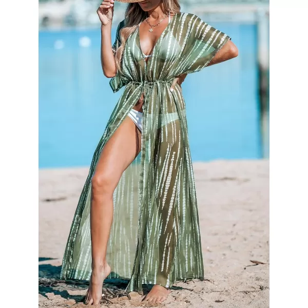 imageCUPSHE Beach Cover Ups for Women 2024 Kimono Bathing Suit Coverups Cardigan Self Tie DressesGreen Stripes