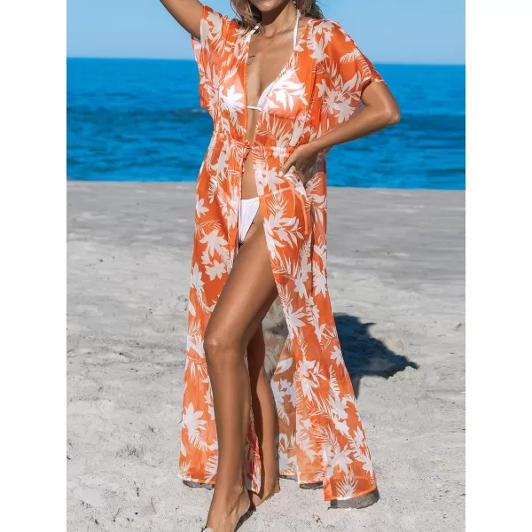 imageCUPSHE Beach Cover Ups for Women 2024 Kimono Bathing Suit Coverups Cardigan Self Tie DressesOrange Leaf
