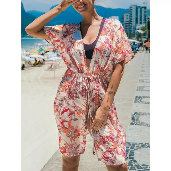 imageCUPSHE Beach Cover Ups for Women 2024 Kimono Bathing Suit Coverups Cardigan Self Tie DressesPink Tropical