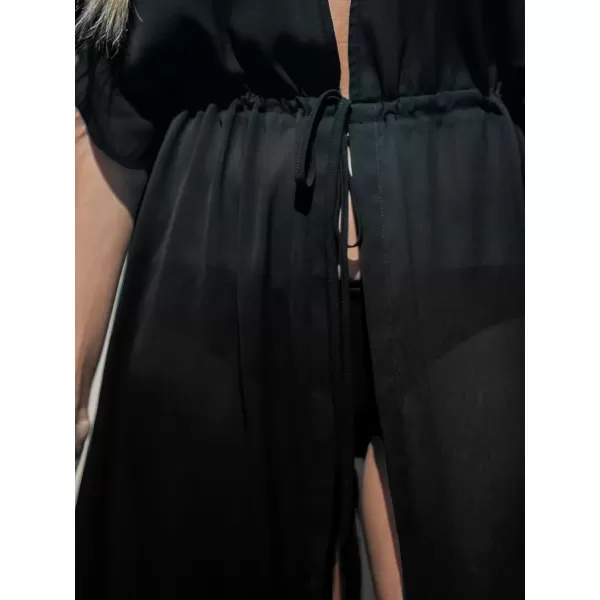 imageCUPSHE Beach Cover Ups for Women 2024 Kimono Bathing Suit Coverups Cardigan Self Tie DressesSolid Black
