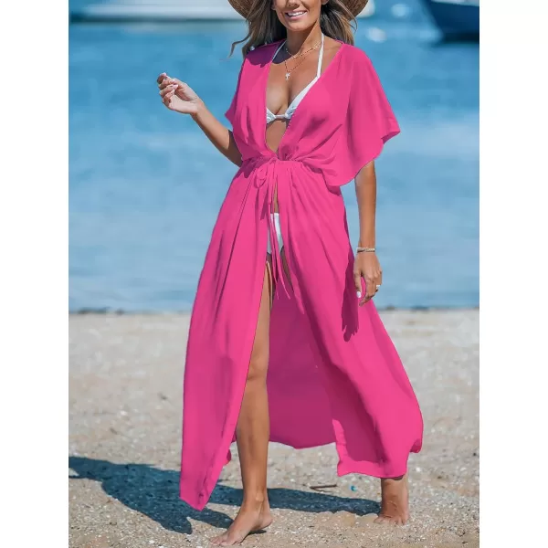 imageCUPSHE Beach Cover Ups for Women 2024 Kimono Bathing Suit Coverups Cardigan Self Tie DressesSolid Hot Pink