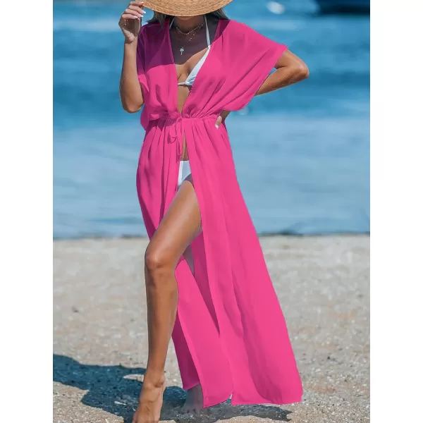 imageCUPSHE Beach Cover Ups for Women 2024 Kimono Bathing Suit Coverups Cardigan Self Tie DressesSolid Hot Pink