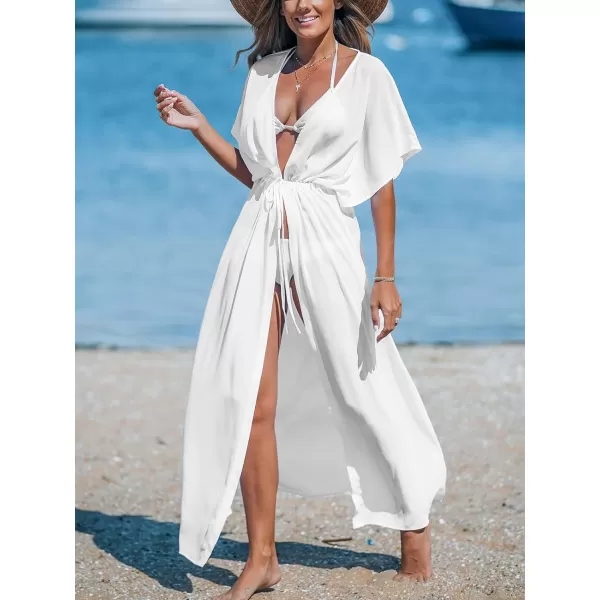 imageCUPSHE Beach Cover Ups for Women 2024 Kimono Bathing Suit Coverups Cardigan Self Tie DressesSolid White
