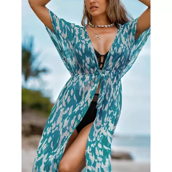 imageCUPSHE Beach Cover Ups for Women 2024 Kimono Bathing Suit Coverups Cardigan Self Tie DressesTurquoise Leopard