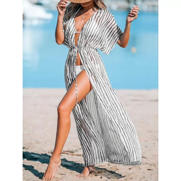 imageCUPSHE Beach Cover Ups for Women 2024 Kimono Bathing Suit Coverups Cardigan Self Tie DressesWhite Stripes
