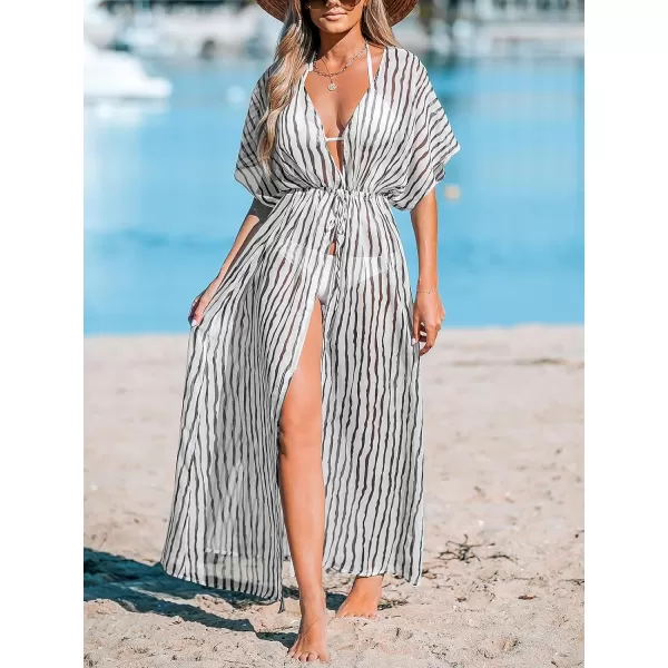 imageCUPSHE Beach Cover Ups for Women 2024 Kimono Bathing Suit Coverups Cardigan Self Tie DressesWhite Stripes
