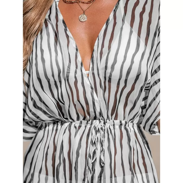 imageCUPSHE Beach Cover Ups for Women 2024 Kimono Bathing Suit Coverups Cardigan Self Tie DressesWhite Stripes