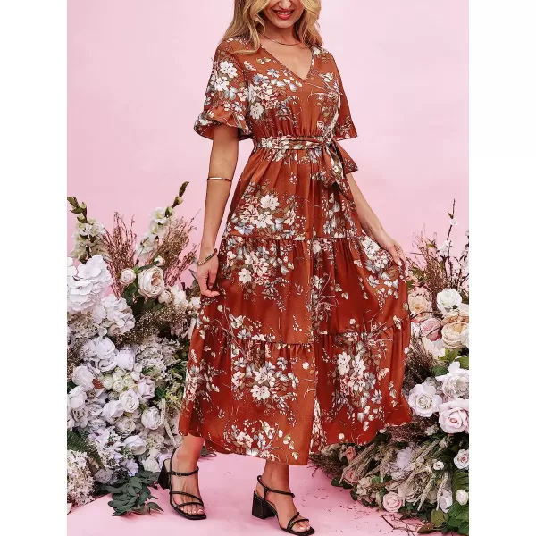 imageCUPSHE Belted Floral Print Dress Short Sleeves Maxi Dresses Casual SummerOrange